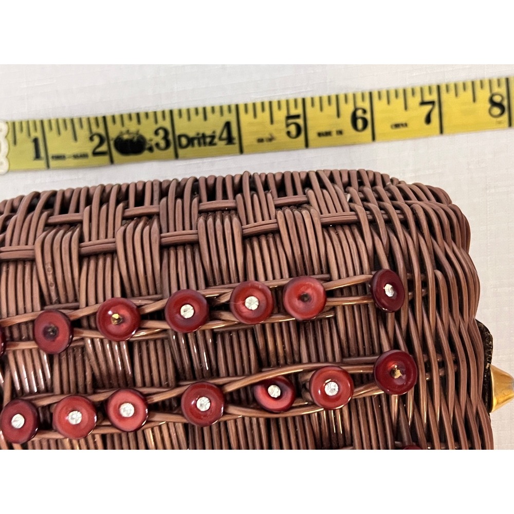 Walborg Wicker Handbag Women Small Brown Good Vintage Beaded Handle Rhinestone - Picture 10 of 12